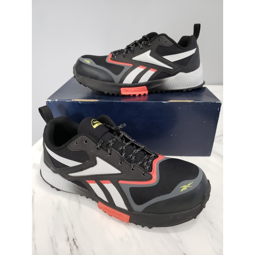 USED VERY CLEAN 10 WIDE -Reebok Work Lavante Trail 2 Safety Shoe Black Red Men's